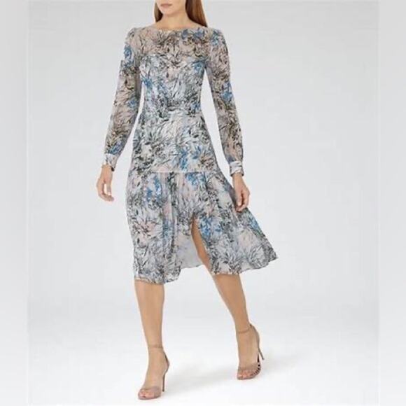 REISS Nyla Gray Blue Floral Long Sleeve Sheer Midi Dress Size 4 - Picture 2 of 12